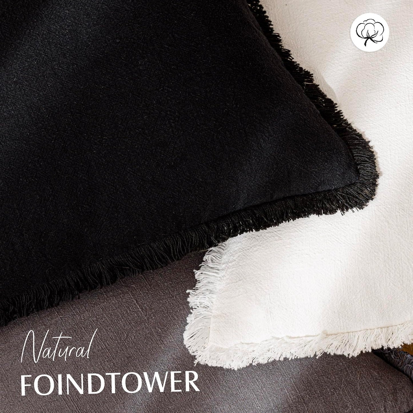Foindtower Decorative Linen Fringe Lumbar Throw Pillow Covers Cozy Boho Farmhouse Cushion Cover with Tassel Soft Accent Pillowcase for Sofa Bed Living Room Home Decor, 12×20 Inch, 1PC, Black