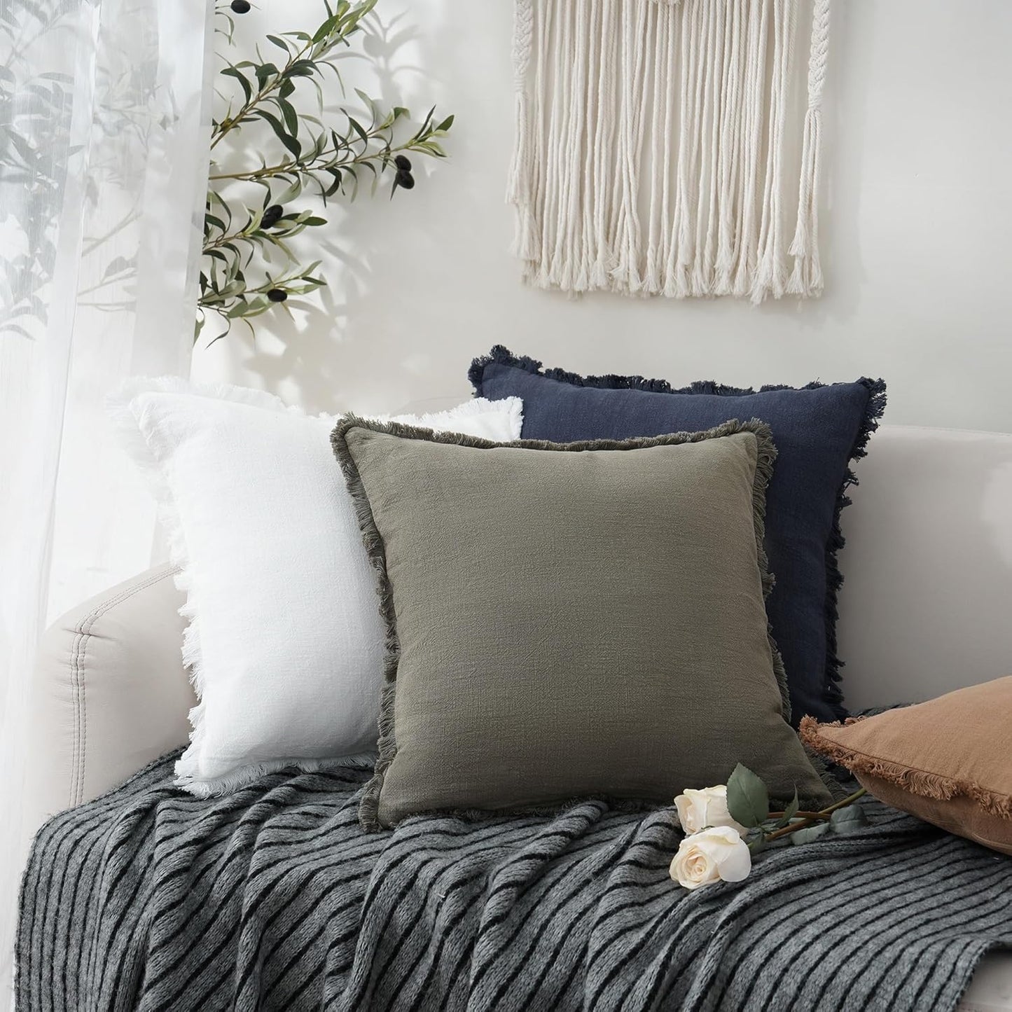 Foindtower Decorative Linen Fringe Lumbar Throw Pillow Covers Cozy Boho Farmhouse Cushion Cover with Tassel Soft Accent Pillowcase for Sofa Bed Living Room Home Decor, 12×20 Inch, 1PC, Navy Blue