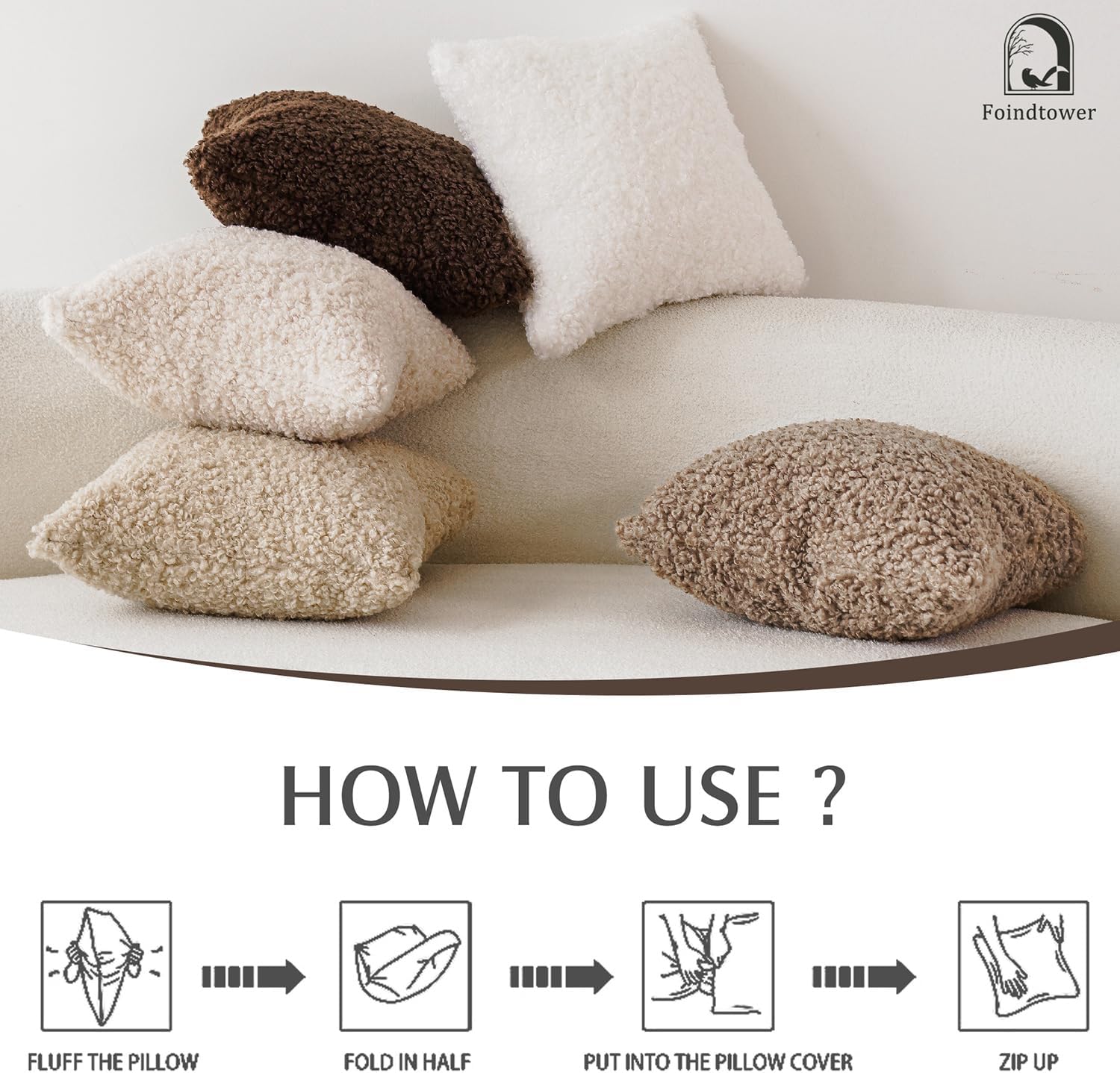 Foindtower Set of 2 Curly Teddy Wool Pillow Covers Decorative Boucle Textured Lumbar Throw Pillow Faux Fur Pillowcases Sheepskin Cushion Case for Sofa Bedroom Car 12&#34;x20&#34; Khaki