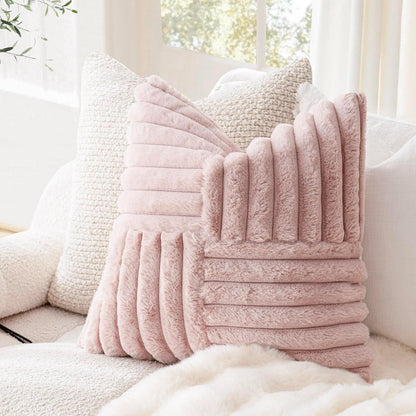 Foindtower Pack of 2, Faux Fur Plush Decorative Throw Pillow Covers Soft Fluffy Velvet Cushion Case Cozy Fuzzy Striped Pillowcase Home Decor for Sofa Couch Living Room Bedroom 18x18 Inch, Dusty Pink