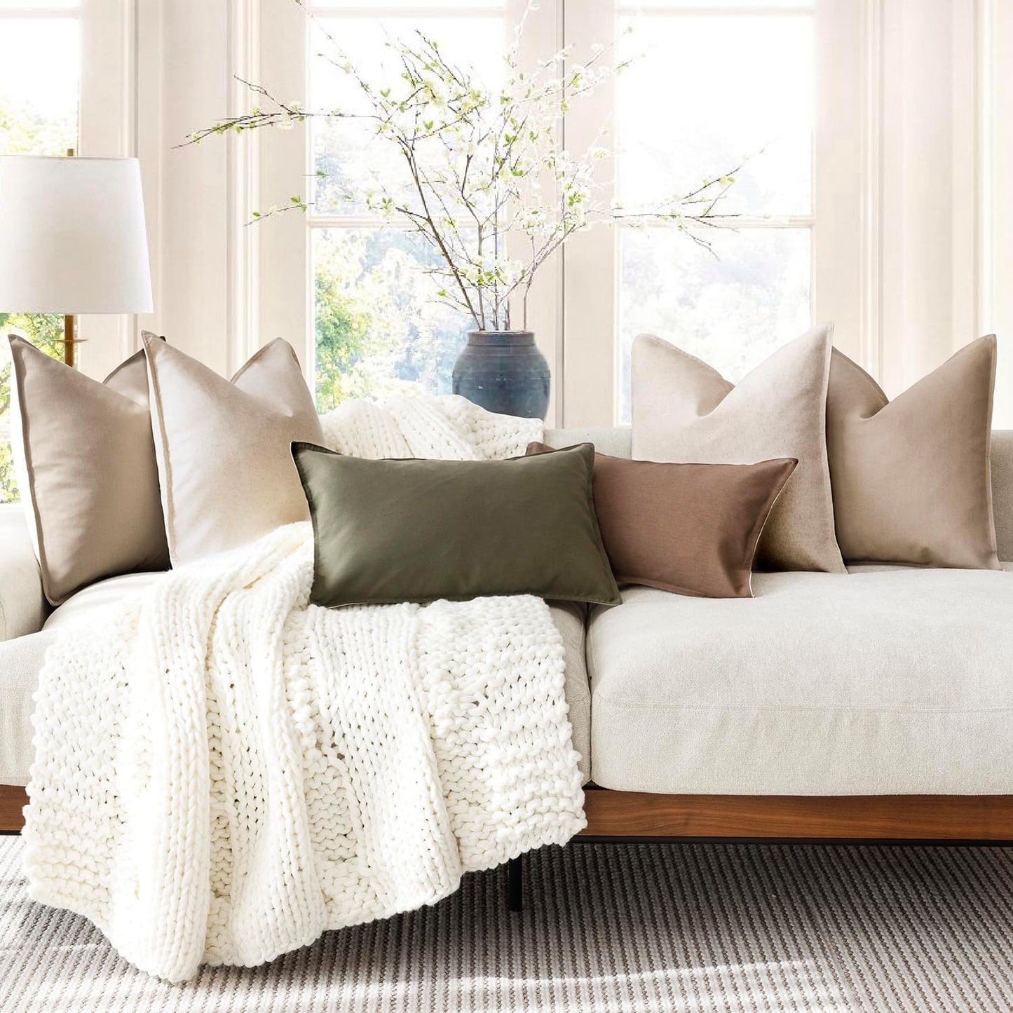 Foindtower Pack of 2 Decorative Cotton Linen Throw Pillow Covers Soft Modern Farmhouse Cushion Cover Cozy Vintage Accent Pillowcase for Couch Sofa Bed Living Room Home Decor, 18×18 Inch Light Beige