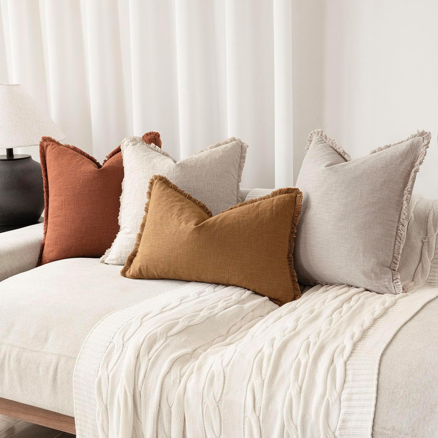 Foindtower Set of 2 Decorative Linen Fringe Throw Pillow Covers Farmhouse Cushion Cover with Tassels Soft Accent Pillowcase for Couch Chair Sofa Bed Living Room Home Decor,20×20 Inch,Fall Rust Orange