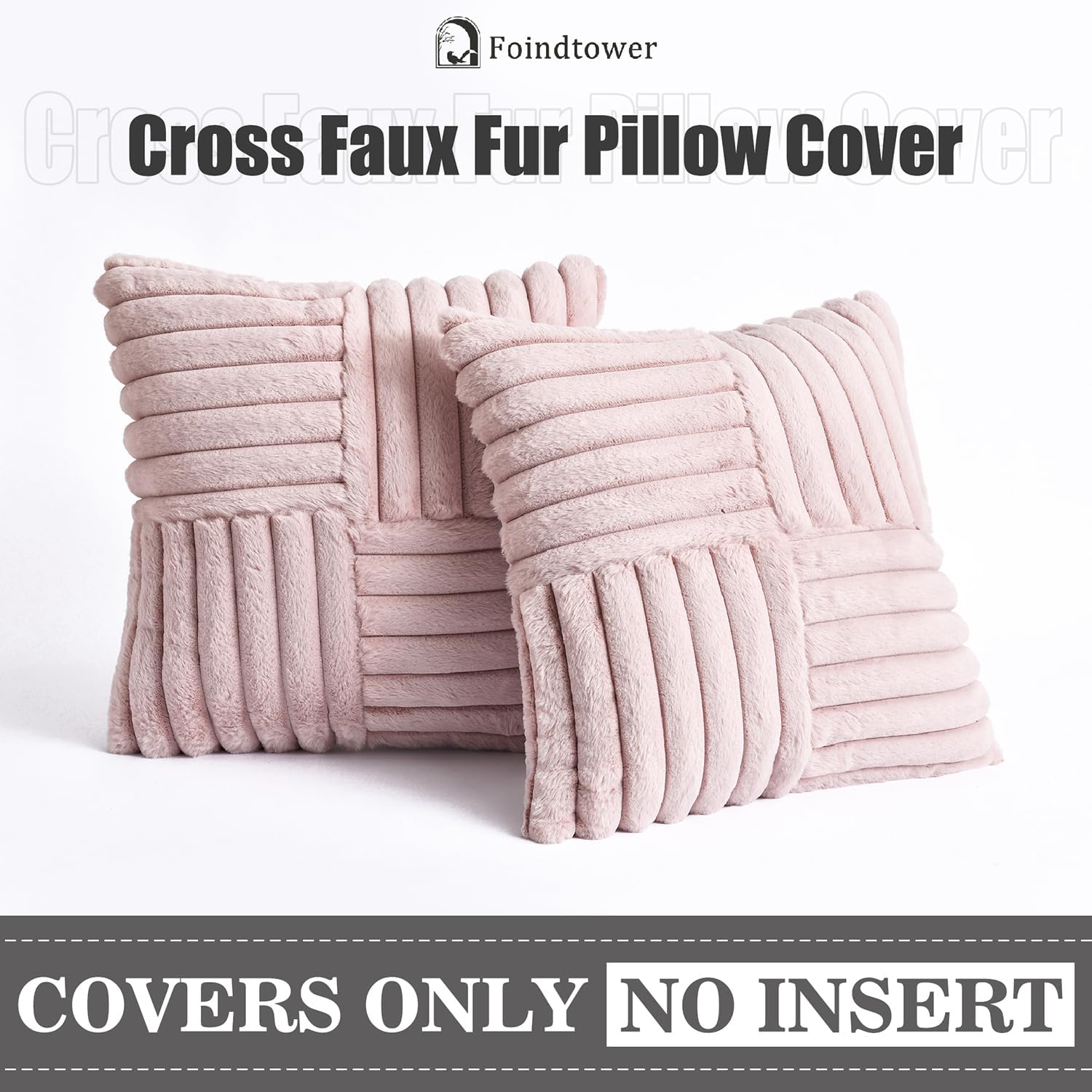 Foindtower Pack of 2, Faux Fur Plush Decorative Throw Pillow Covers Soft Fluffy Velvet Cushion Case Cozy Fuzzy Striped Pillowcase Home Decor for Sofa Couch Living Room Bedroom 18x18 Inch, Dusty Pink