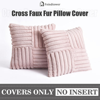Foindtower Pack of 2, Faux Fur Plush Decorative Throw Pillow Covers Soft Fluffy Velvet Cushion Case Cozy Fuzzy Striped Pillowcase Home Decor for Sofa Couch Living Room Bedroom 18x18 Inch, Dusty Pink