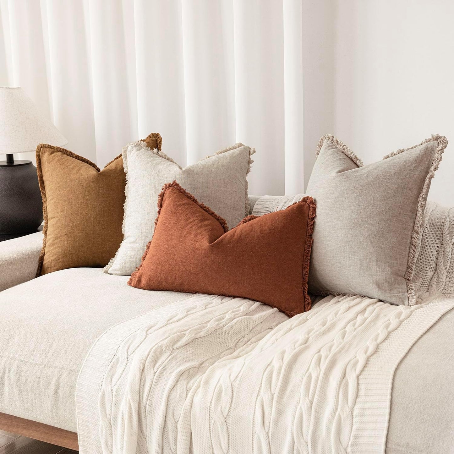 Foindtower Set of 2 Decorative Linen Fringe Throw Pillow Covers Boho Farmhouse Cushion Cover with Tassels Soft Accent Pillowcase for Couch Sofa Bed Living Room Home Decor,18×18 Inch,Orange Brown