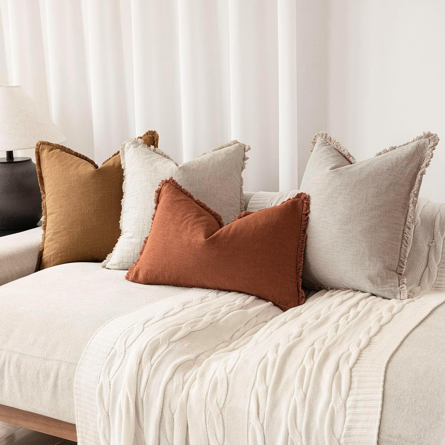 Foindtower Set of 2 Decorative Linen Fringe Throw Pillow Covers Boho Farmhouse Cushion Cover with Tassels Soft Accent Pillowcase for Couch Sofa Bed Living Room Home Decor,18×18 Inch,Orange Brown