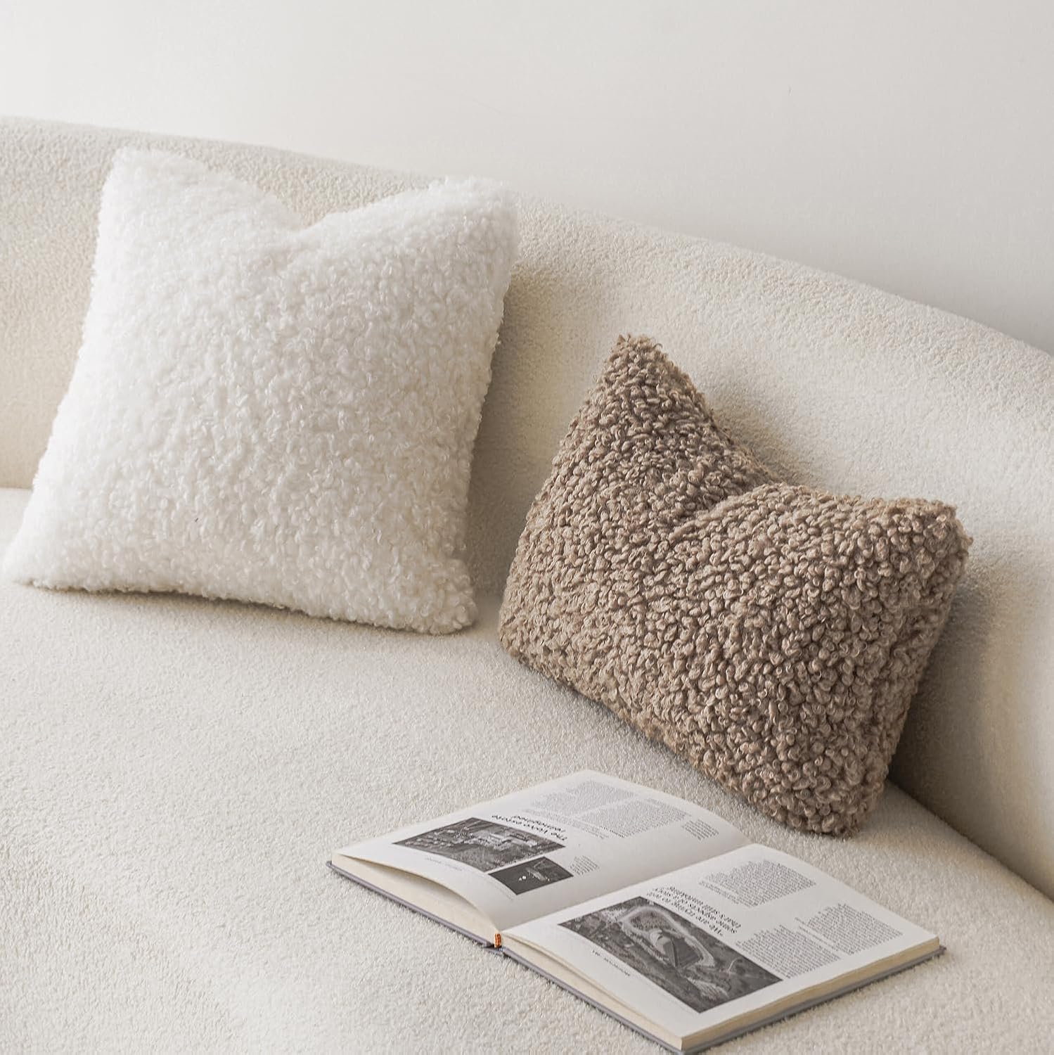Foindtower Set of 2 Curly Teddy Wool Pillow Covers Decorative Boucle Textured Lumbar Throw Pillow Faux Fur Pillowcases Sheepskin Cushion Case for Sofa Bedroom Car 12&#34;x20&#34; Khaki