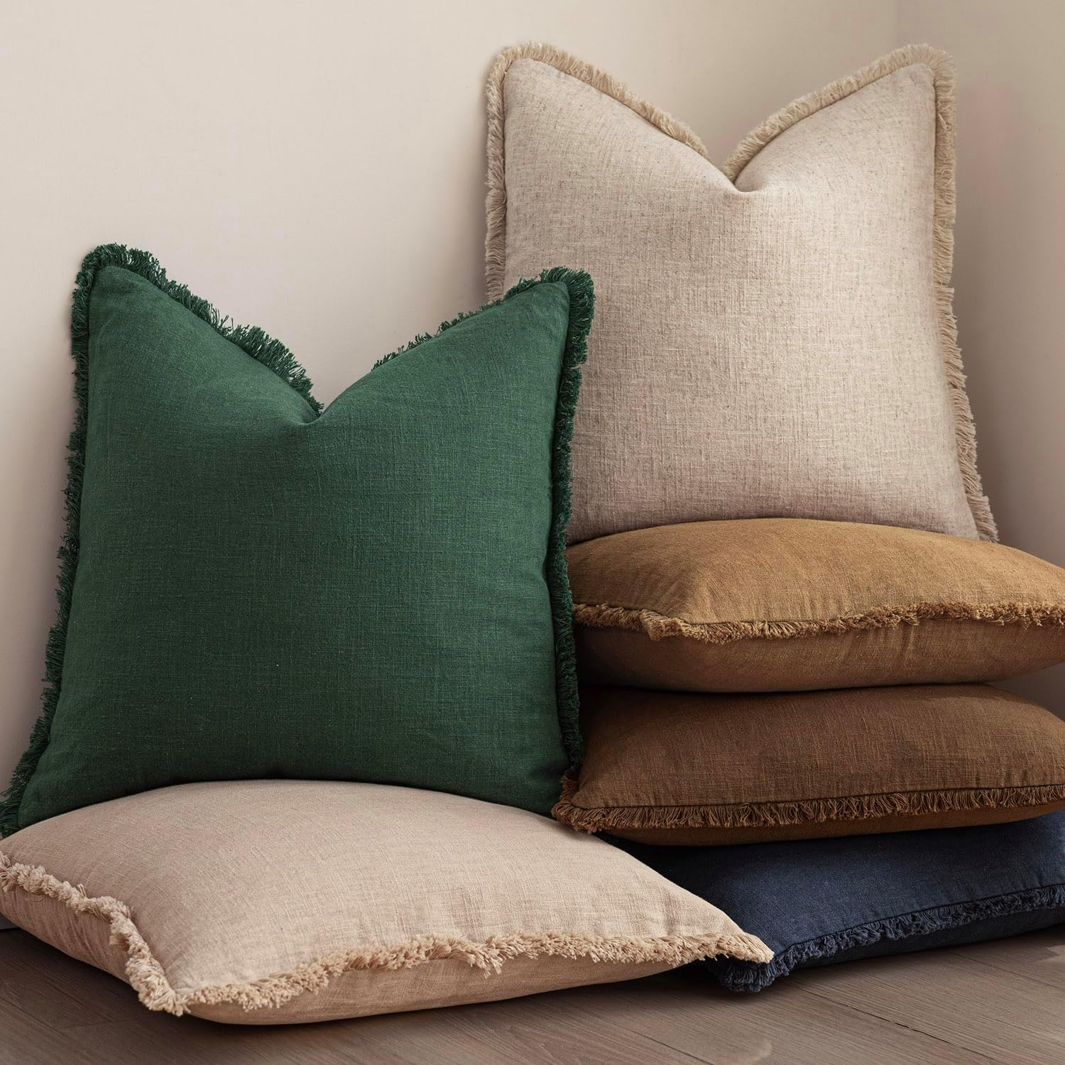 Foindtower Set of 2 Decorative Linen Fringe Lumbar Throw Pillow Covers Boho Farmhouse Cushion Cover with Tassels Soft Accent Pillowcase for Couch Sofa Bed Living Room Home Decor,12×20 Inch,Pine Green