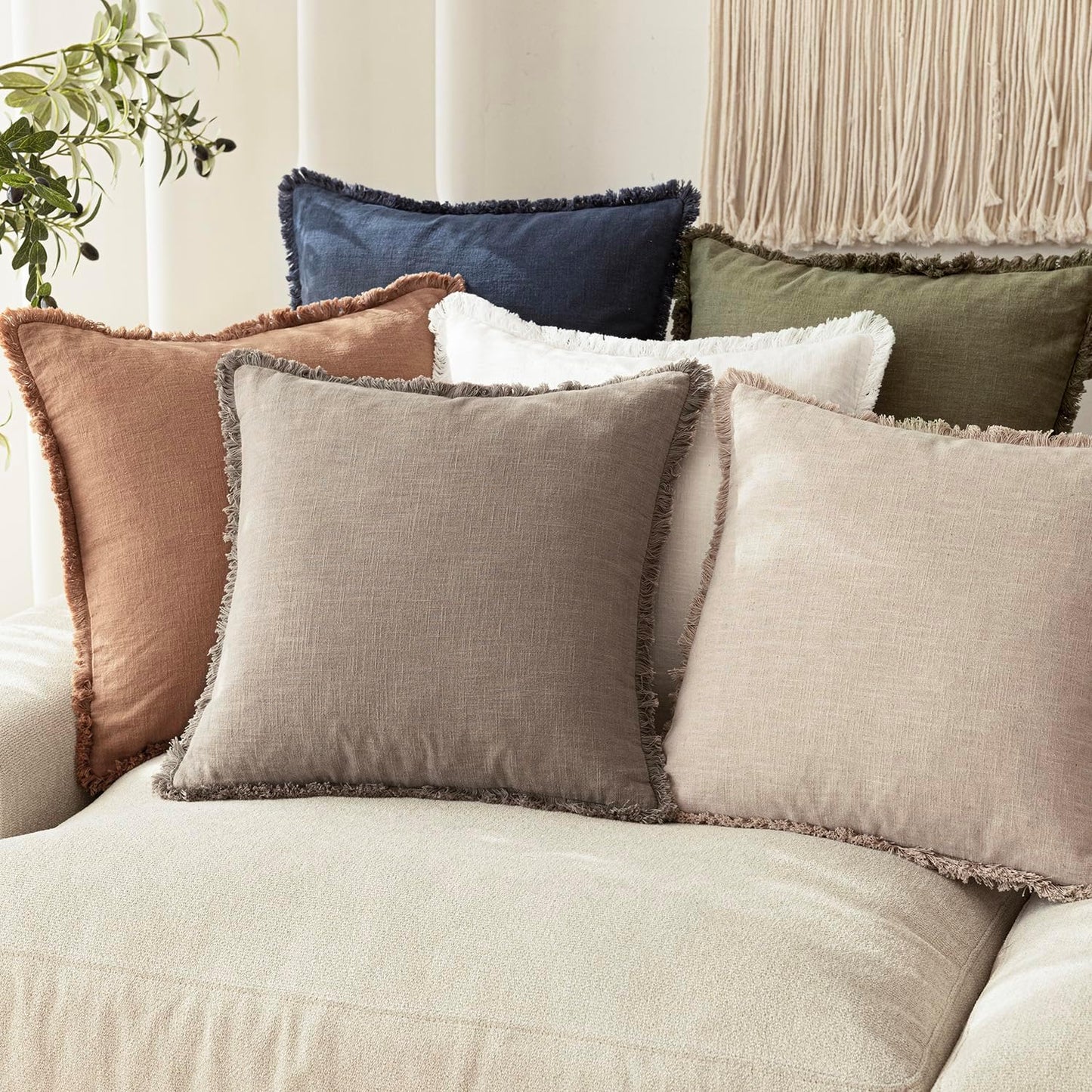 Foindtower Set of 2 Decorative Linen Fringe Throw Pillow Covers Boho Farmhouse Cushion Cover with Tassels Accent Pillowcase for Couch Chair Sofa Bed Living Room Home Decor,16×16 Inch,Brown Tan