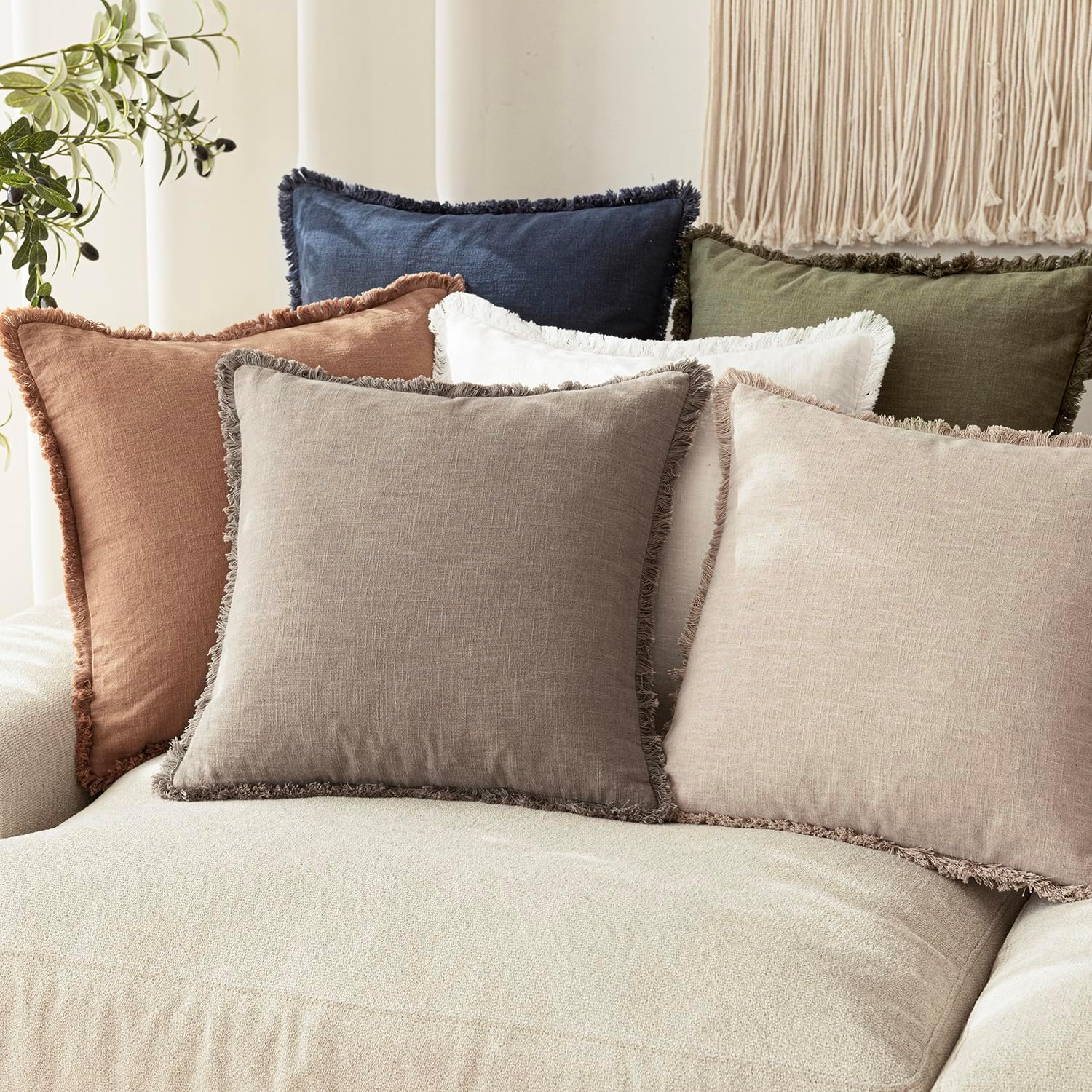 Foindtower Set of 2 Decorative Linen Fringe Throw Pillow Covers Boho Farmhouse Cushion Cover with Tassels Accent Pillowcase for Couch Chair Sofa Bed Living Room Home Decor,16×16 Inch,Brown Tan