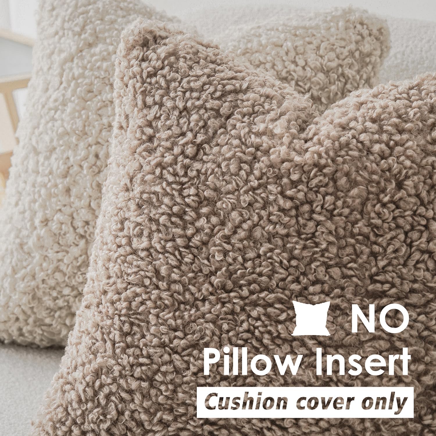 Foindtower Set of 2 Curly Teddy Wool Pillow Covers Decorative Boucle Textured Lumbar Throw Pillow Faux Fur Pillowcases Sheepskin Cushion Case for Sofa Bedroom Car 12&#34;x20&#34; Khaki