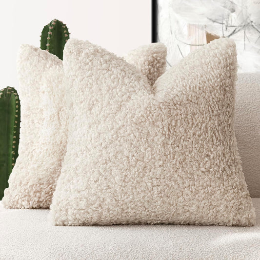Foindtower 2 Pieces Faux Fur Throw Pillow Cover Decorative Sherpa Pillow Fuzzy Accent Pillowcases Soft Sheepskin Fleece Cushion Case for Bed Couch Living Room 18x18 Inch Neutral Cream