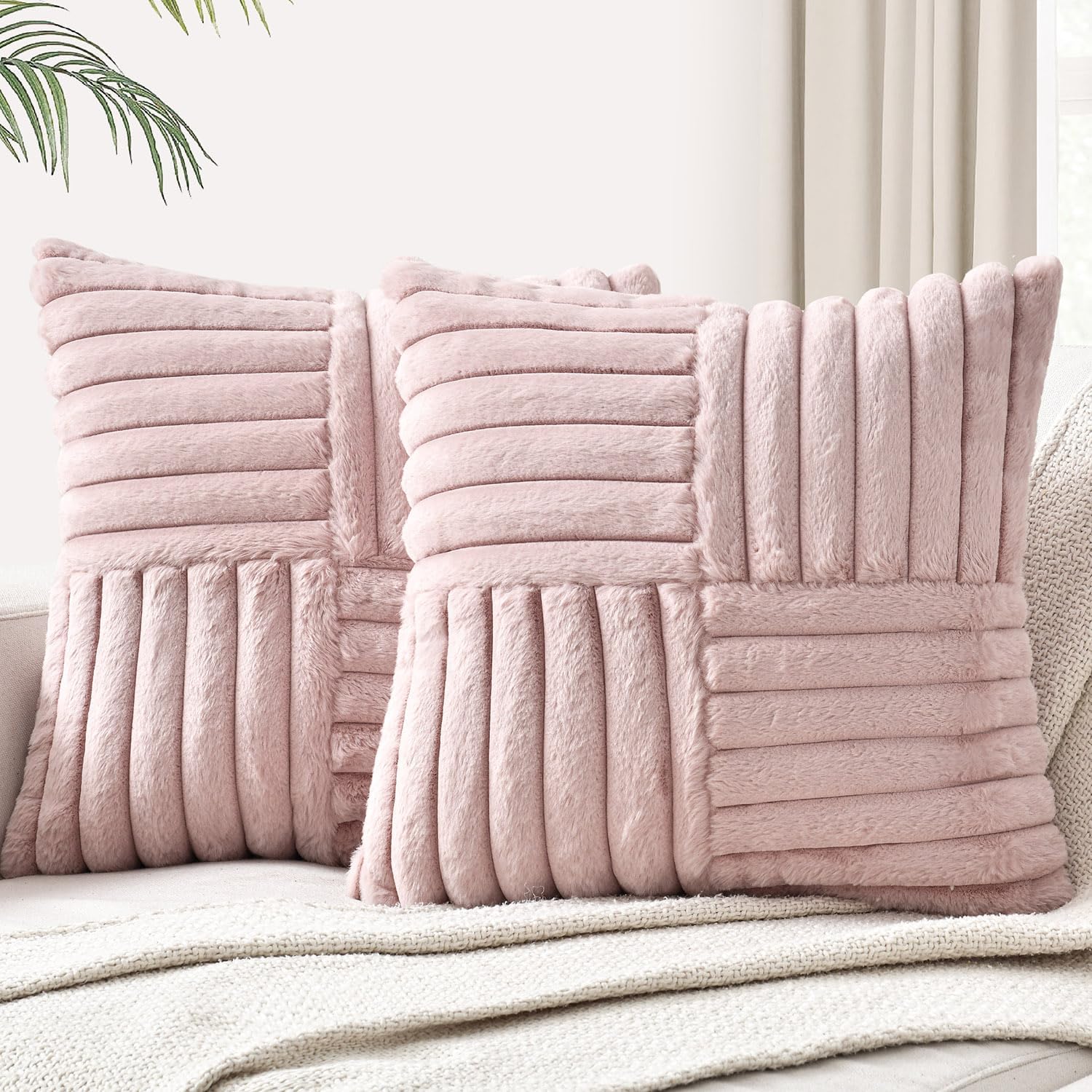 Foindtower Pack of 2, Faux Fur Plush Decorative Throw Pillow Covers Soft Fluffy Velvet Cushion Case Cozy Fuzzy Striped Pillowcase Home Decor for Sofa Couch Living Room Bedroom 18x18 Inch, Dusty Pink