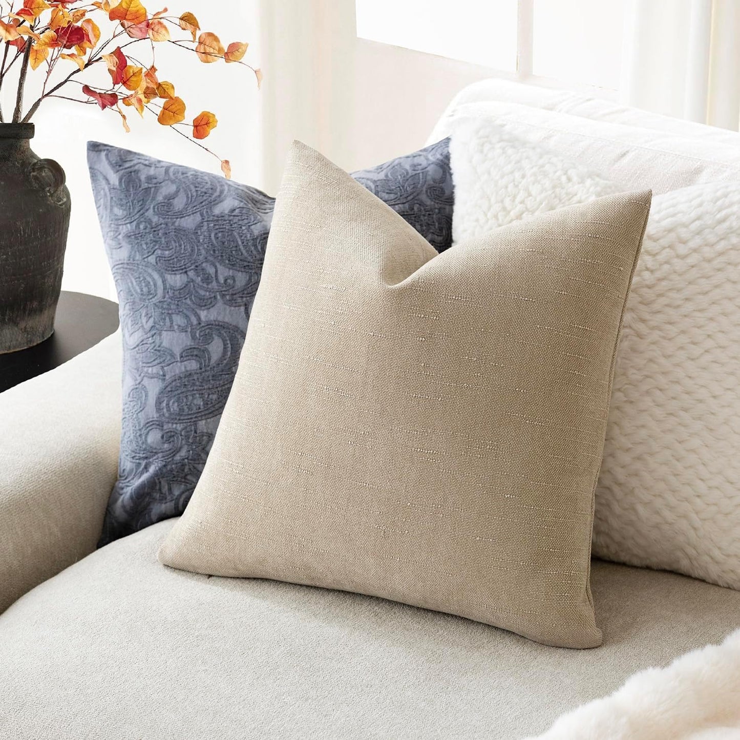 Foindtower Pack of 2 Soft Textured Throw Decorative Pillow Covers Square Accent Solid Cushion Cover Cozy Neutral Farmhouse Pillow Case for Couch Sofa Bedroom Living Room 20x20 Inch, Beige