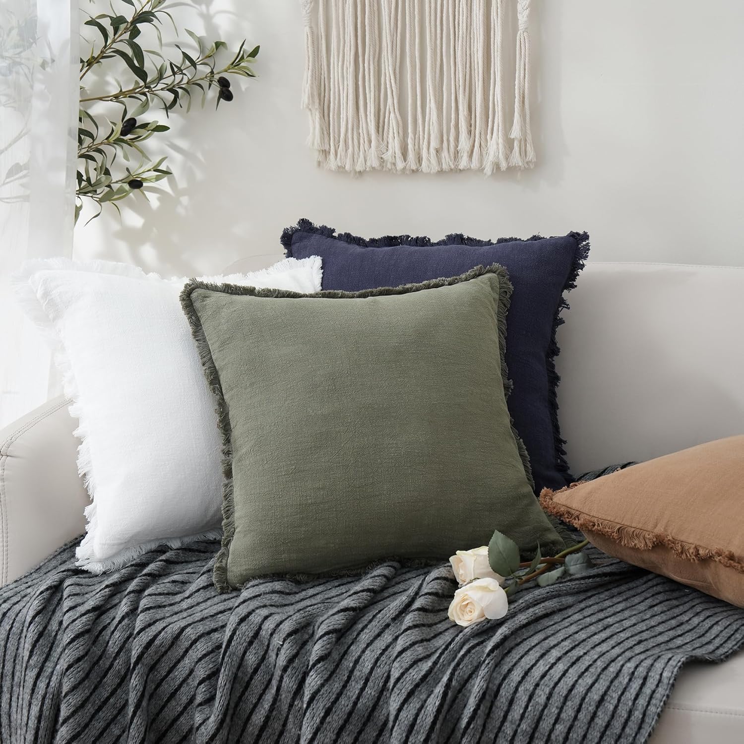 Foindtower Decorative Linen Fringe Lumbar Throw Pillow Covers Cozy Boho Farmhouse Cushion Cover with Tassel Soft Accent Pillowcase for Sofa Bed Living Room Home Decor, 12×20 Inch, 1PC, Olive Green
