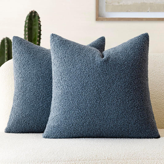 Foindtower Pack of 2, Curly Faux Fur Decorative Throw Pillow Covers Soft Plush Cushion Case with Zipper Cozy Fluffy Boho Pillowcase for Home Living Room Couch Bedroom Bed Sofa 18 x 18 Inch, Blue