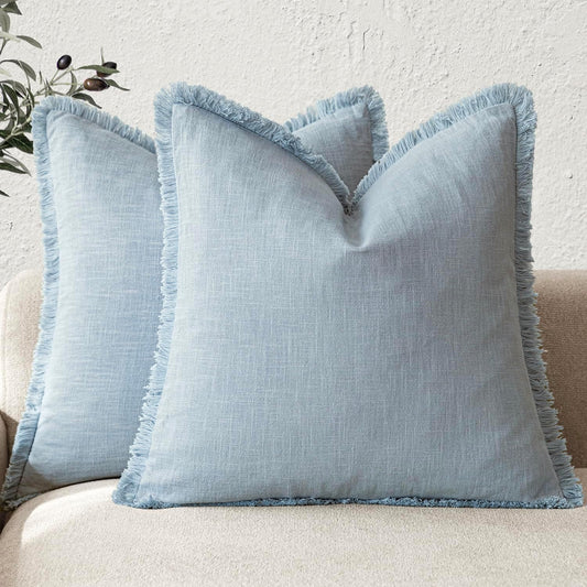 Foindtower Set of 2 Decorative Linen Fringe Throw Pillow Covers Boho Farmhouse Cushion Cover with Tassels Soft Accent Pillowcase for Couch Chair Sofa Bed Living Room Home Decor,18×18 Inch,Sky Blue