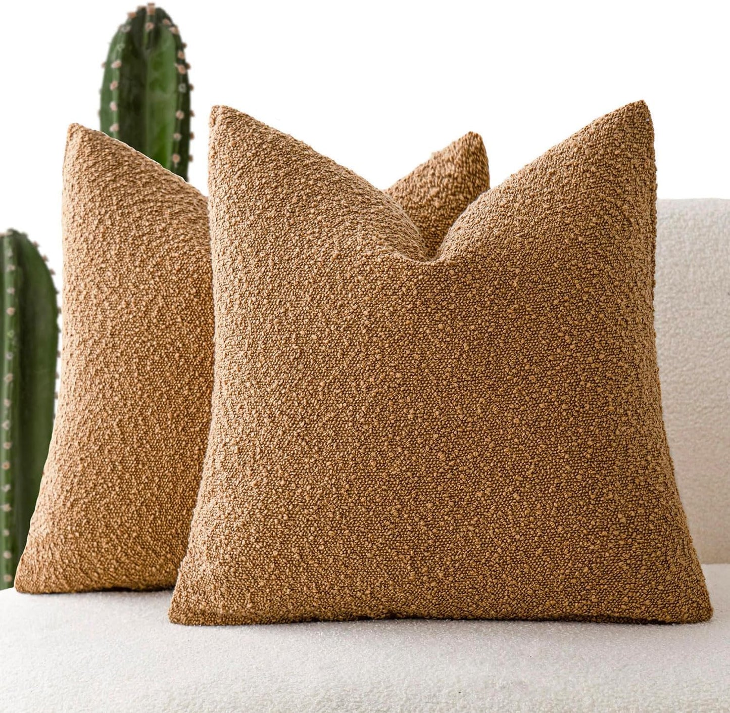 Foindtower Pack of 2 Textured Boucle Throw Pillow Covers Accent Solid Pillow Cases Cozy Soft Decorative Couch Cushion Case for Chair Sofa Bedroom Living Room Home Decor, 20 x 20 Inch,Rust Tobacco