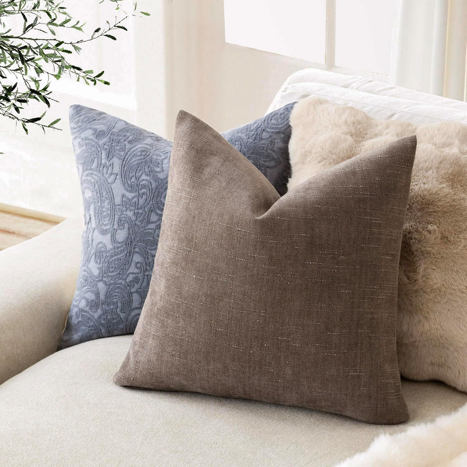 Foindtower Pack of 2 Soft Textured Throw Decorative Pillow Covers Square Accent Solid Cushion Cover Cozy Farmhouse Pillow Case with Zipper for Couch Sofa Bedroom Living Room 20x20 Inch, Taupe
