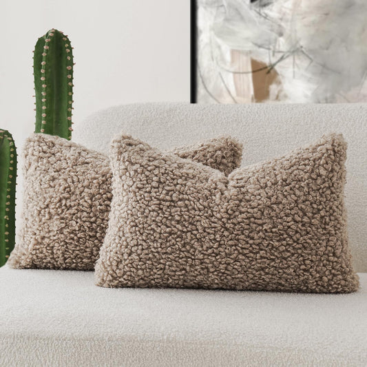 Foindtower Set of 2 Curly Teddy Wool Pillow Covers Decorative Boucle Textured Lumbar Throw Pillow Faux Fur Pillowcases Sheepskin Cushion Case for Sofa Bedroom Car 12&#34;x20&#34; Khaki