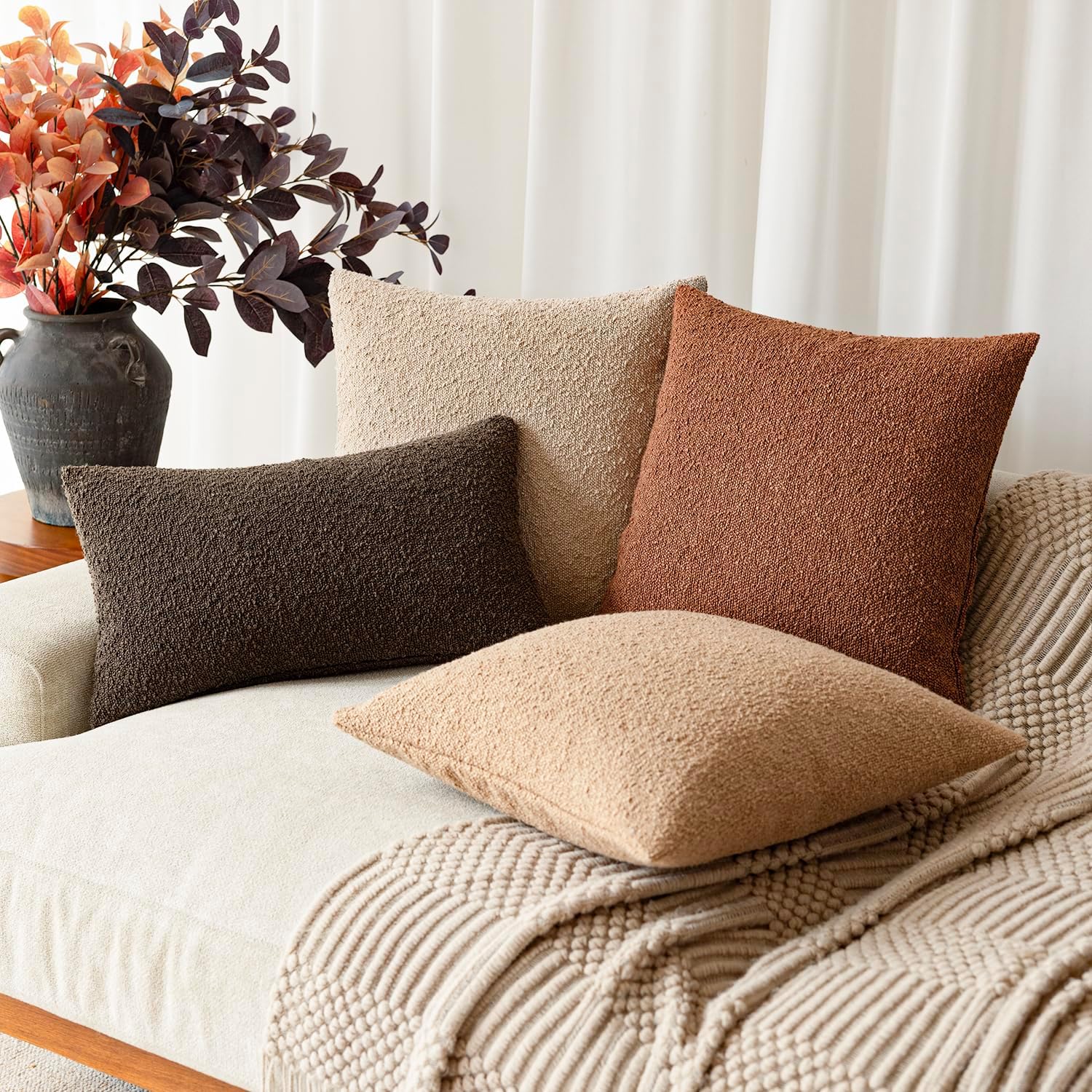 Foindtower Pack of 2 Textured Boucle Throw Pillow Covers Accent Solid Pillow Cases Decorative Cozy Soft Couch Cushion Case for Chair Sofa Bedroom Living Room Home Decor 20x20 Inch Burnt Orange Hazel