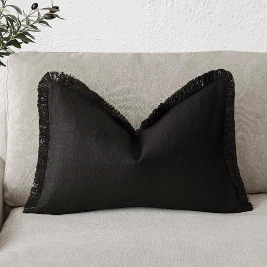 Foindtower Decorative Linen Fringe Lumbar Throw Pillow Covers Cozy Boho Farmhouse Cushion Cover with Tassel Soft Accent Pillowcase for Sofa Bed Living Room Home Decor, 12×20 Inch, 1PC, Black