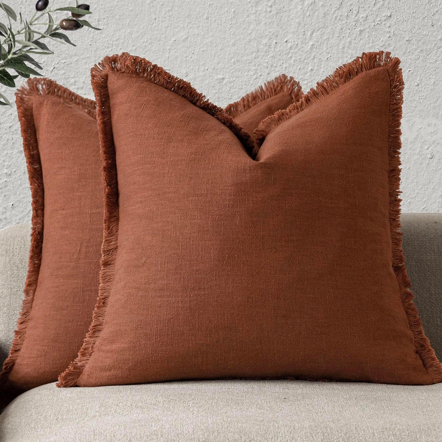 Foindtower Set of 2 Decorative Linen Fringe Throw Pillow Covers Farmhouse Cushion Cover with Tassels Soft Accent Pillowcase for Couch Chair Sofa Bed Living Room Home Decor,20×20 Inch,Fall Rust Orange