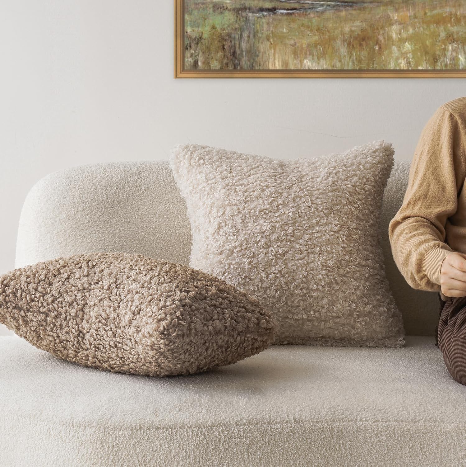 Foindtower Set of 2 Curly Teddy Wool Pillow Covers Decorative Boucle Textured Lumbar Throw Pillow Faux Fur Pillowcases Sheepskin Cushion Case for Sofa Bedroom Car 12&#34;x20&#34; Khaki