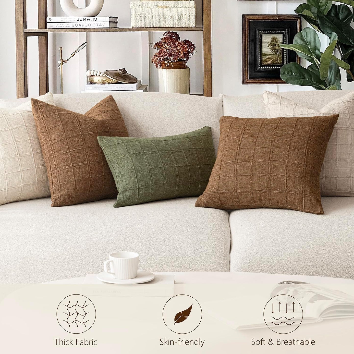 Foindtower Set of 2 Decorative Linen Check Throw Pillow Covers Neutral Farmhouse Vintage Cushion Covers Modern Boho Home Decor For Sofa Chair Couch Bedroom Living Room Outdoor,18×18 Inch,Natural Beige