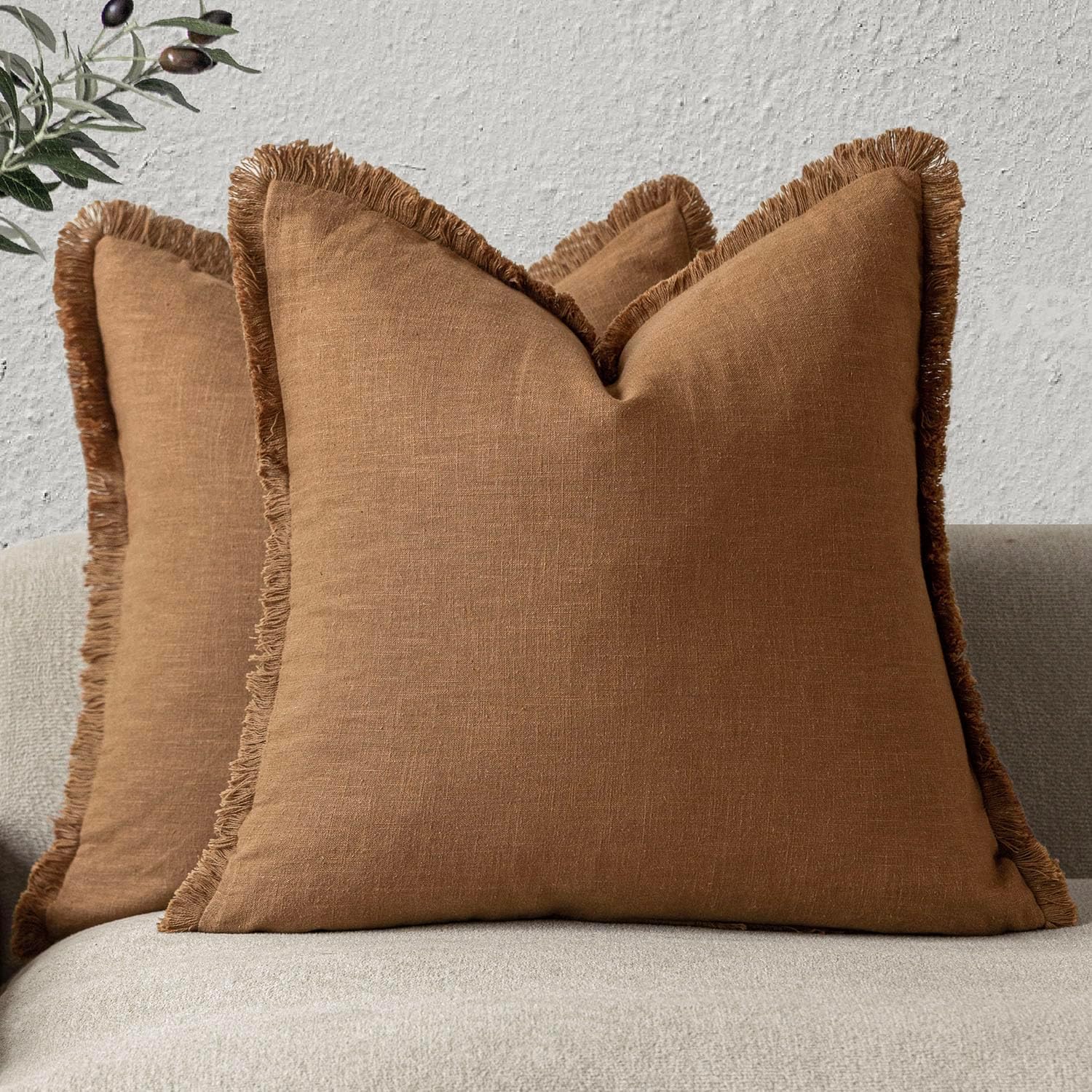 Foindtower Set of 2 Decorative Linen Fringe Throw Pillow Covers Boho Farmhouse Cushion Cover with Tassels Soft Accent Pillowcase for Couch Sofa Bed Living Room Home Decor,18×18 Inch,Orange Brown