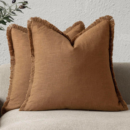 Foindtower Set of 2 Decorative Linen Fringe Throw Pillow Covers Boho Farmhouse Cushion Cover with Tassels Soft Accent Pillowcase for Couch Sofa Bed Living Room Home Decor,18×18 Inch,Orange Brown