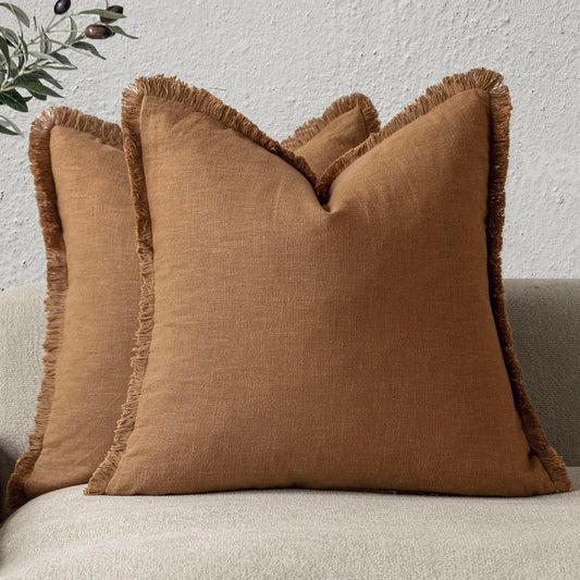 Foindtower Set of 2 Decorative Linen Fringe Throw Pillow Covers Boho Farmhouse Cushion Cover with Tassels Soft Accent Pillowcase for Couch Sofa Bed Living Room Home Decor,18×18 Inch,Orange Brown