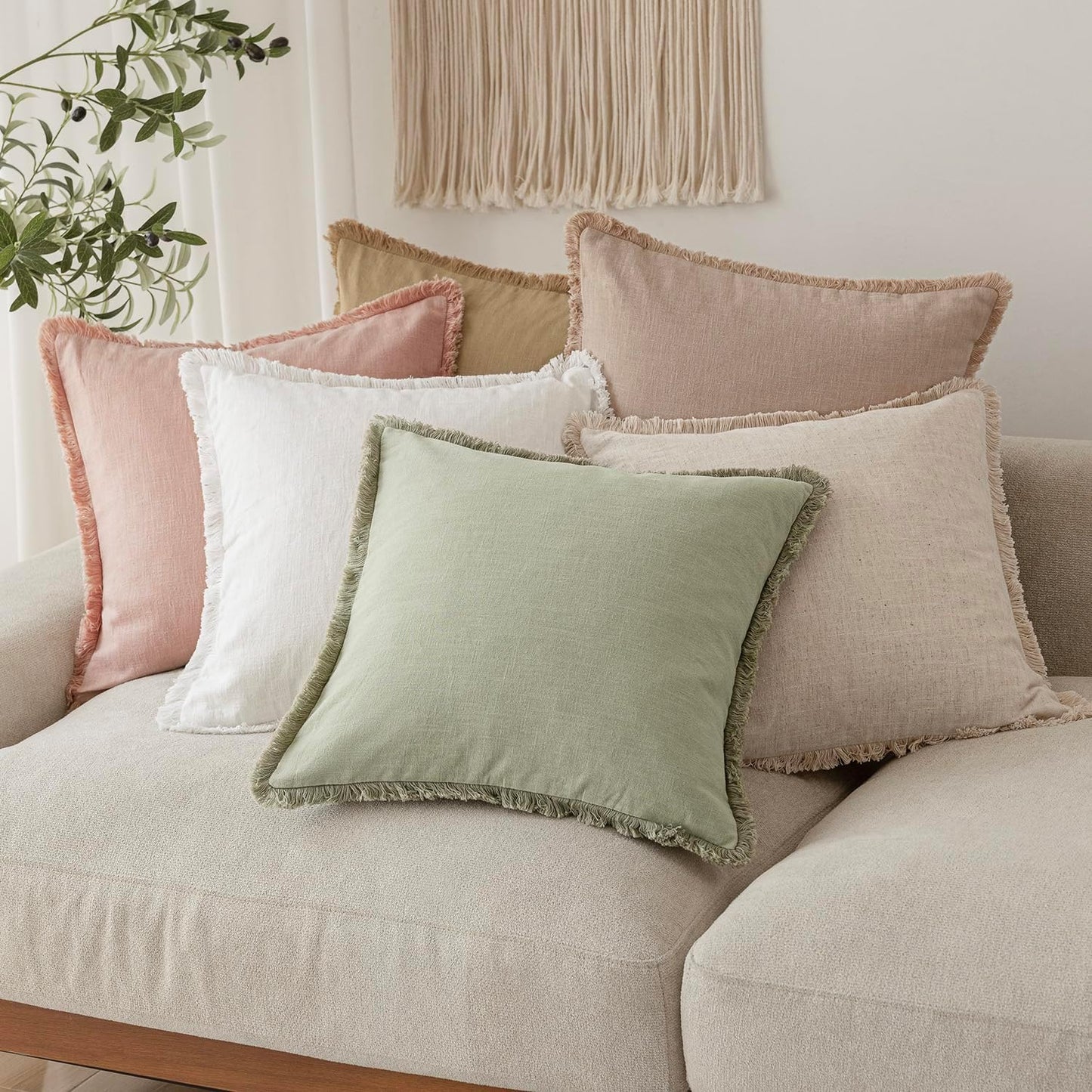 Foindtower Set of 2 Decorative Linen Fringe Lumbar Throw Pillow Covers Farmhouse Cushion Cover with Tassels Soft Accent Pillowcase for Couch Sofa Bed Living Room Home Decor,12×20 Inch,Light Sage Green