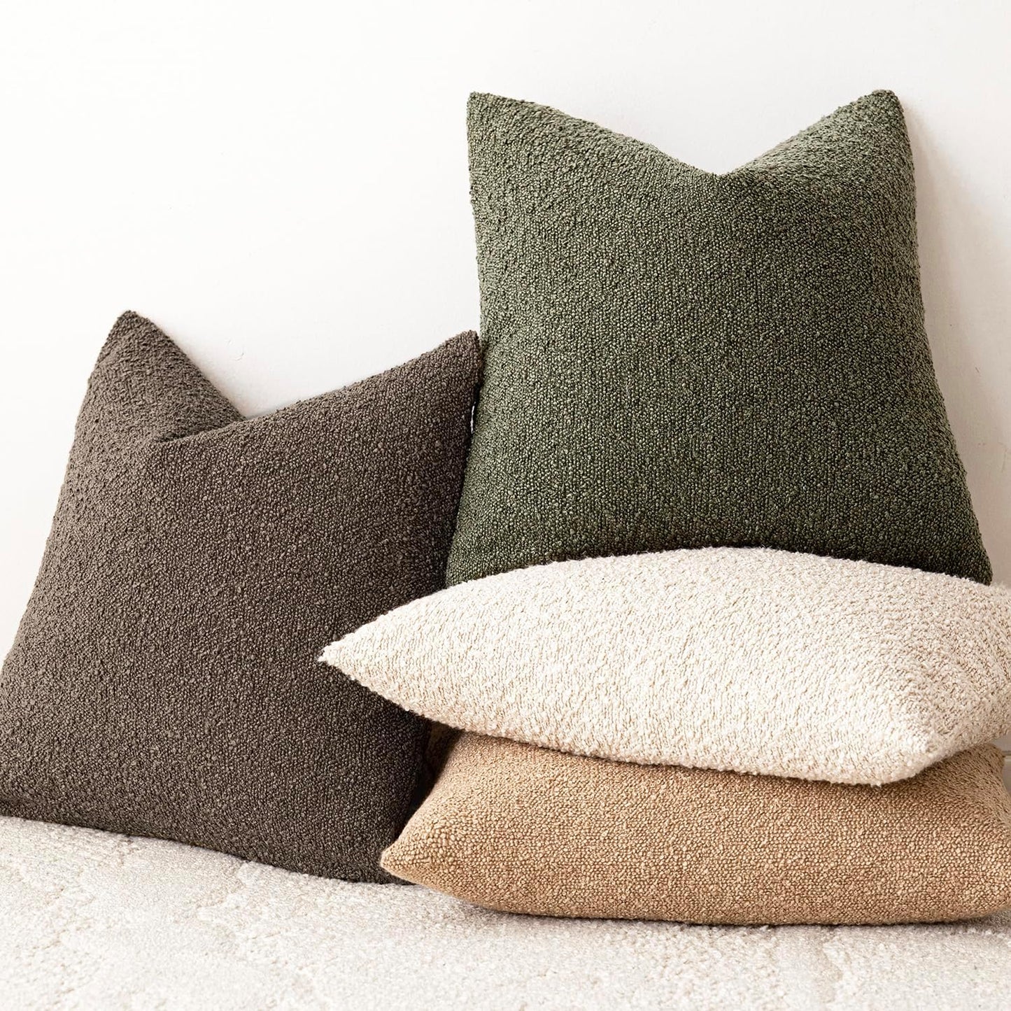 Foindtower Pack of 2 Modern Textured Boucle Throw Pillow Covers Accent Solid Decorative Pillow Cases Cozy Woven Couch Cushion Case for Chair Sofa Bedroom Living Room Home Decor 20x20 Inch Moss Green