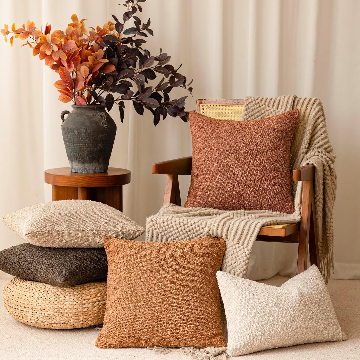 Foindtower Pack of 2 Textured Boucle Throw Pillow Covers Accent Solid Pillow Cases Decorative Cozy Soft Couch Cushion Case for Chair Sofa Bedroom Living Room Home Decor 20x20 Inch Burnt Orange Hazel