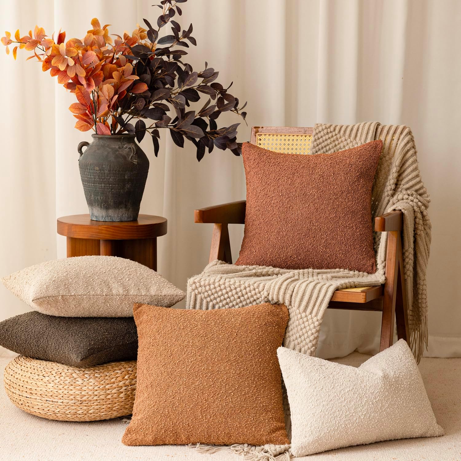 Foindtower Pack of 2 Textured Boucle Throw Pillow Covers Accent Solid Pillow Cases Decorative Cozy Soft Couch Cushion Case for Chair Sofa Bedroom Living Room Home Decor 20x20 Inch Burnt Orange Hazel