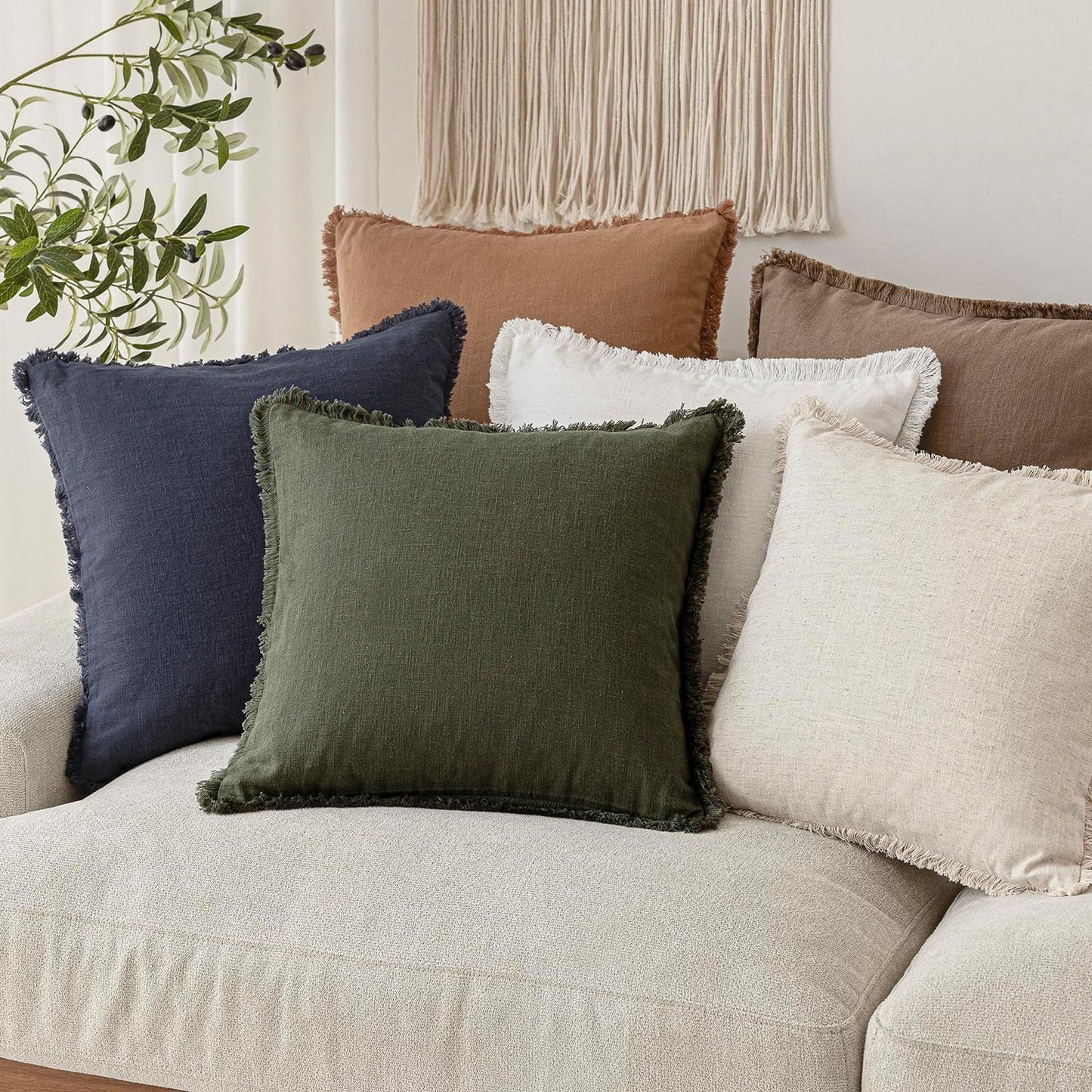 Foindtower Set of 2 Decorative Linen Fringe Throw Pillow Covers Cozy Farmhouse Cushion Cover with Tassels Accent Pillowcase for Couch Chair Sofa Bed Living Room Home Decor,16×16 Inch,Dark Olive Green
