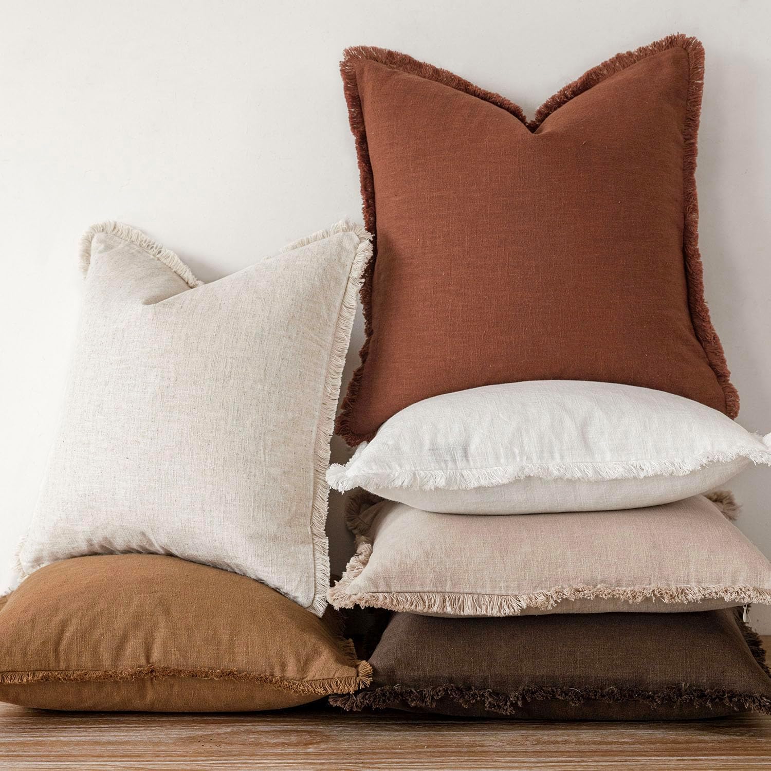 Foindtower Set of 2 Decorative Linen Fringe Throw Pillow Covers Farmhouse Cushion Cover with Tassels Soft Accent Pillowcase for Couch Chair Sofa Bed Living Room Home Decor,20×20 Inch,Fall Rust Orange