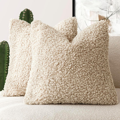 Foindtower 2 Pieces Faux Fur Throw Pillow Cover Decorative Sherpa Pillow Fuzzy Accent Pillowcases Soft Sheepskin Fleece Cushion Case for Bed Couch Living Room 18x18 Inch Oatmeal