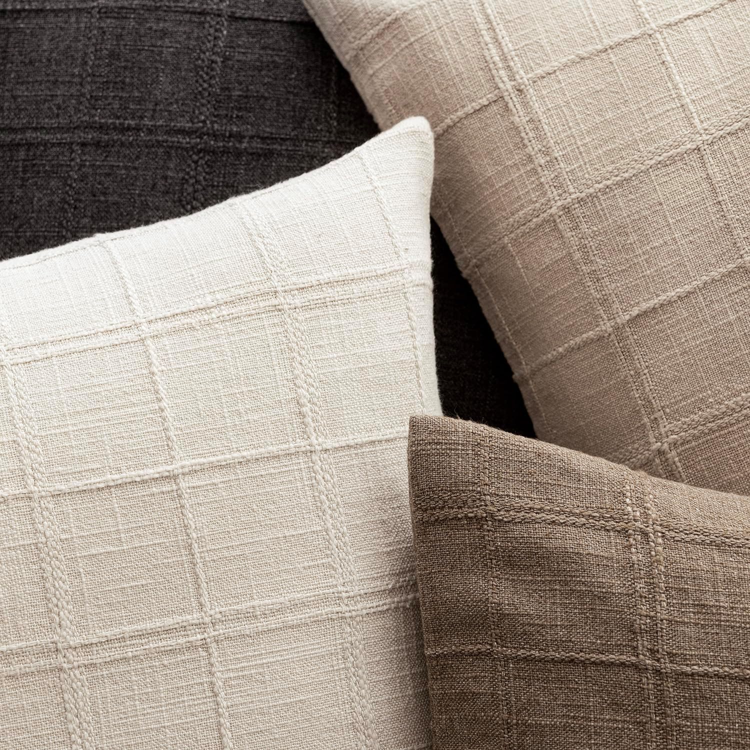 Foindtower Set of 2 Decorative Linen Check Throw Pillow Covers Neutral Farmhouse Vintage Cushion Covers Modern Boho Home Decor For Sofa Chair Couch Bedroom Living Room Outdoor,18×18 Inch,Natural Beige