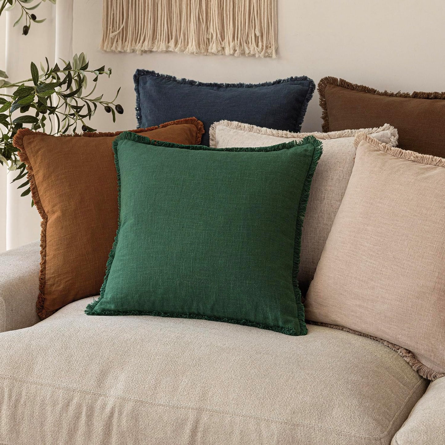 Foindtower Set of 2 Decorative Linen Fringe Lumbar Throw Pillow Covers Boho Farmhouse Cushion Cover with Tassels Soft Accent Pillowcase for Couch Sofa Bed Living Room Home Decor,12×20 Inch,Pine Green