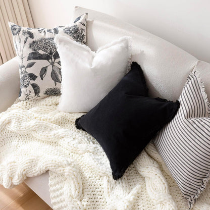 Foindtower Decorative Linen Fringe Lumbar Throw Pillow Covers Cozy Boho Farmhouse Cushion Cover with Tassel Soft Accent Pillowcase for Sofa Bed Living Room Home Decor, 12×20 Inch, 1PC, Black