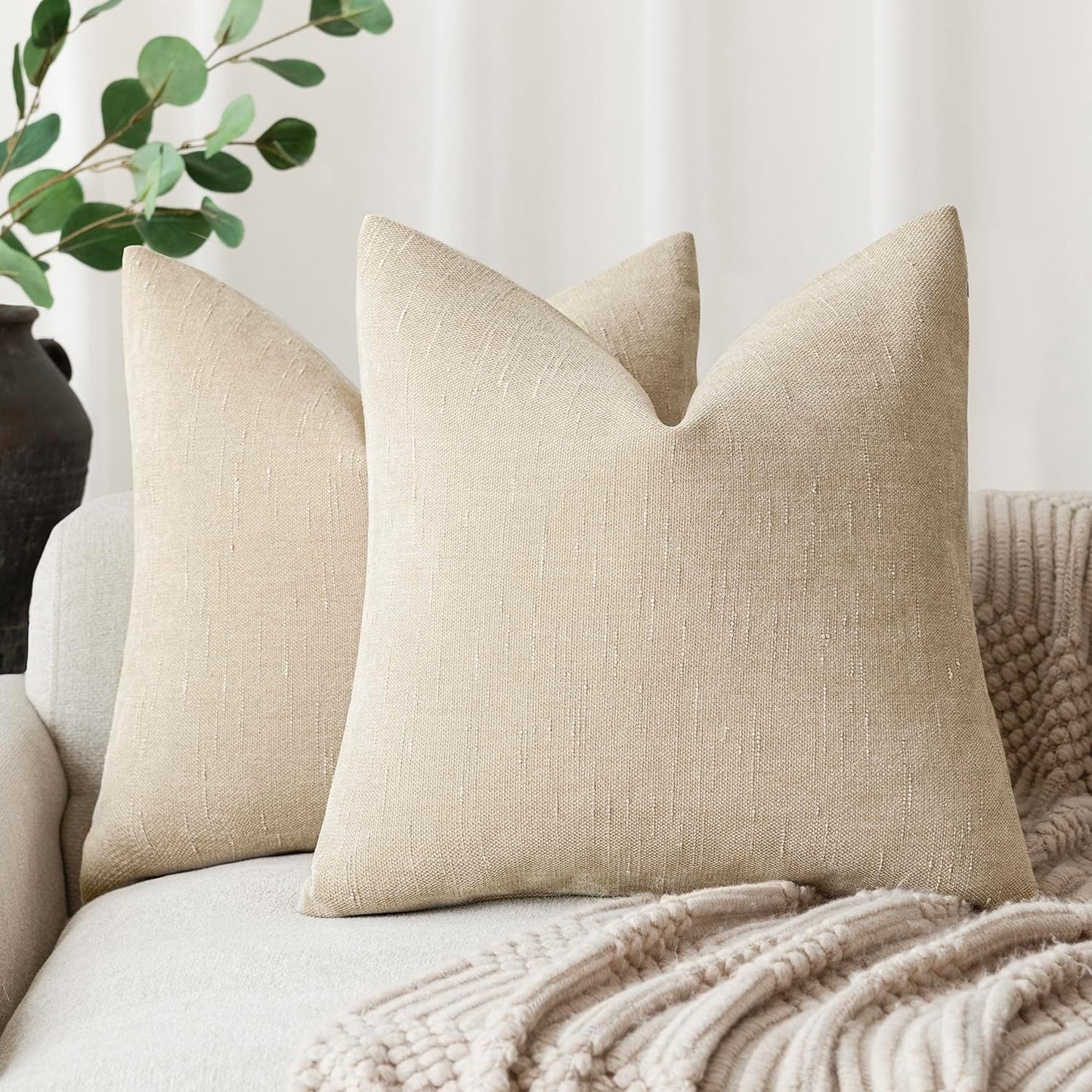 Foindtower Pack of 2 Soft Textured Throw Decorative Pillow Covers Square Accent Solid Cushion Cover Cozy Neutral Farmhouse Pillow Case for Couch Sofa Bedroom Living Room 20x20 Inch, Beige