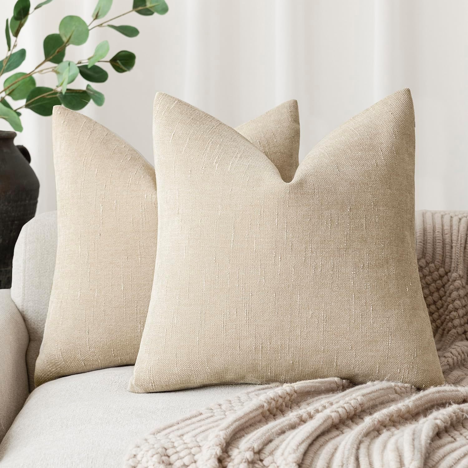 Foindtower Pack of 2 Soft Textured Throw Decorative Pillow Covers Square Accent Solid Cushion Cover Cozy Neutral Farmhouse Pillow Case for Couch Sofa Bedroom Living Room 20x20 Inch, Beige