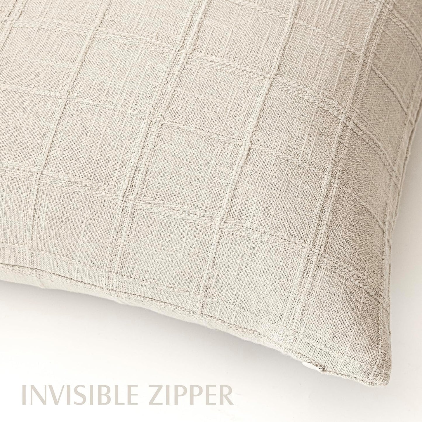 Foindtower Set of 2 Decorative Linen Check Throw Pillow Covers Neutral Farmhouse Vintage Cushion Covers Modern Boho Home Decor For Sofa Chair Couch Bedroom Living Room Outdoor,18×18 Inch,Natural Beige