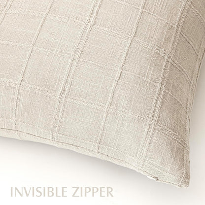 Foindtower Set of 2 Decorative Linen Check Throw Pillow Covers Neutral Farmhouse Vintage Cushion Covers Modern Boho Home Decor For Sofa Chair Couch Bedroom Living Room Outdoor,18×18 Inch,Natural Beige