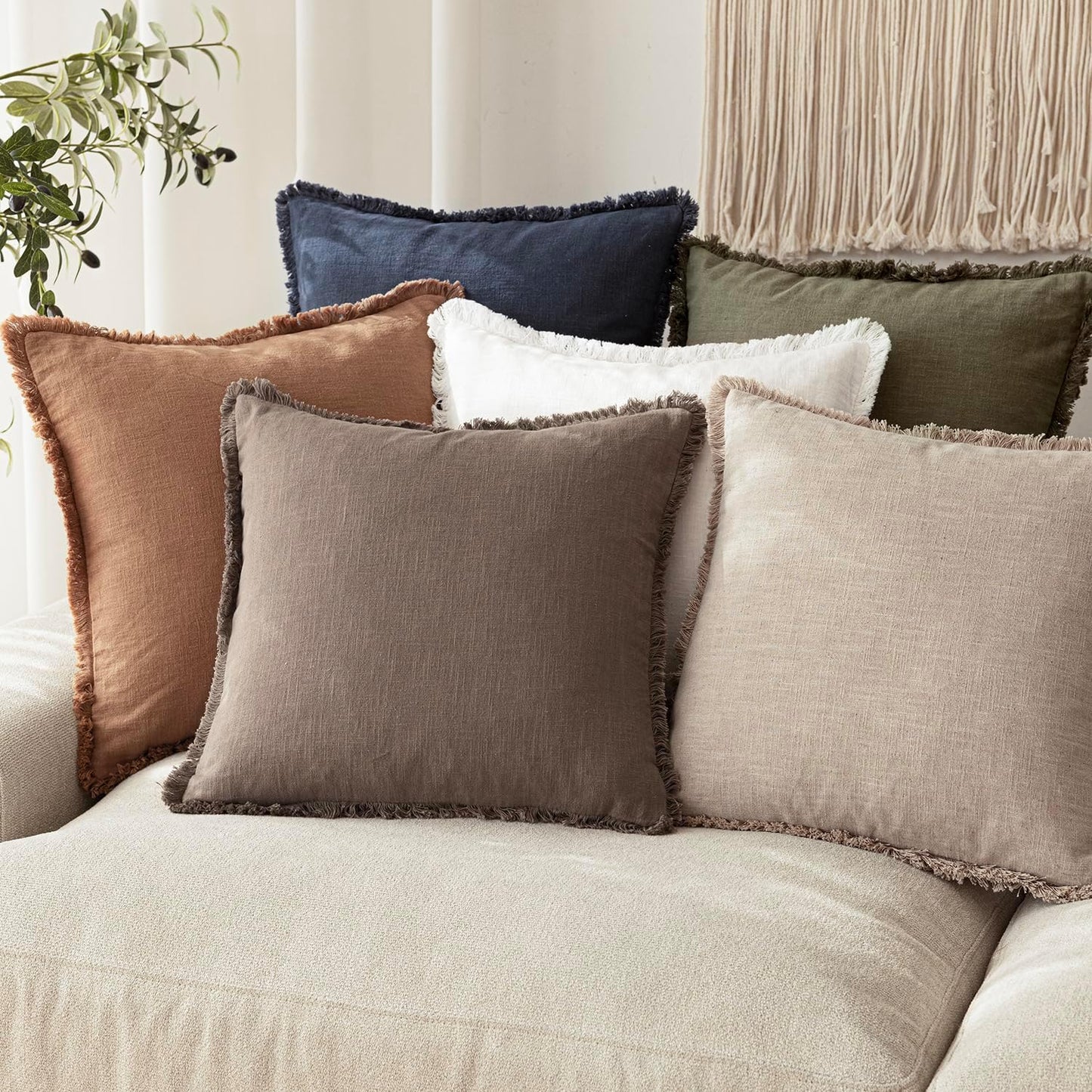 Foindtower Set of 2 Decorative Linen Fringe Throw Pillow Covers Farmhouse Cushion Cover with Tassels Soft Accent Pillowcase for Couch Chair Sofa Bed Living Room Home Decor,16×16 Inch,Natural Linen