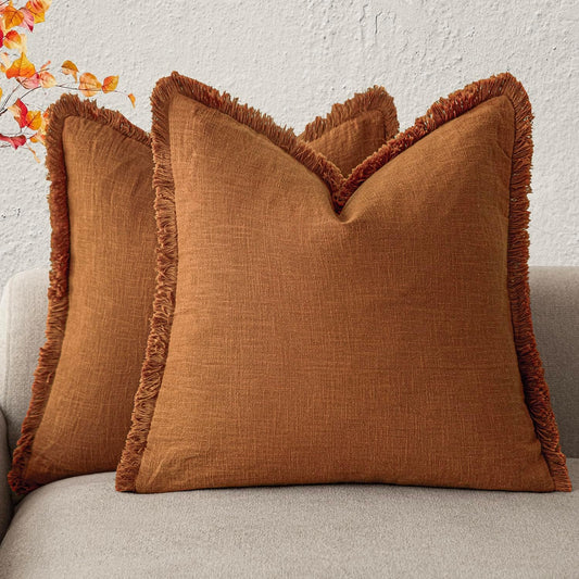 Foindtower Set of 2 Decorative Linen Fringe Throw Pillow Covers Cozy Boho Farmhouse Cushion Cover with Tassels Soft Accent Pillowcase for Couch Sofa Bed Living Room Home Decor, 22×22 Inch, Orange