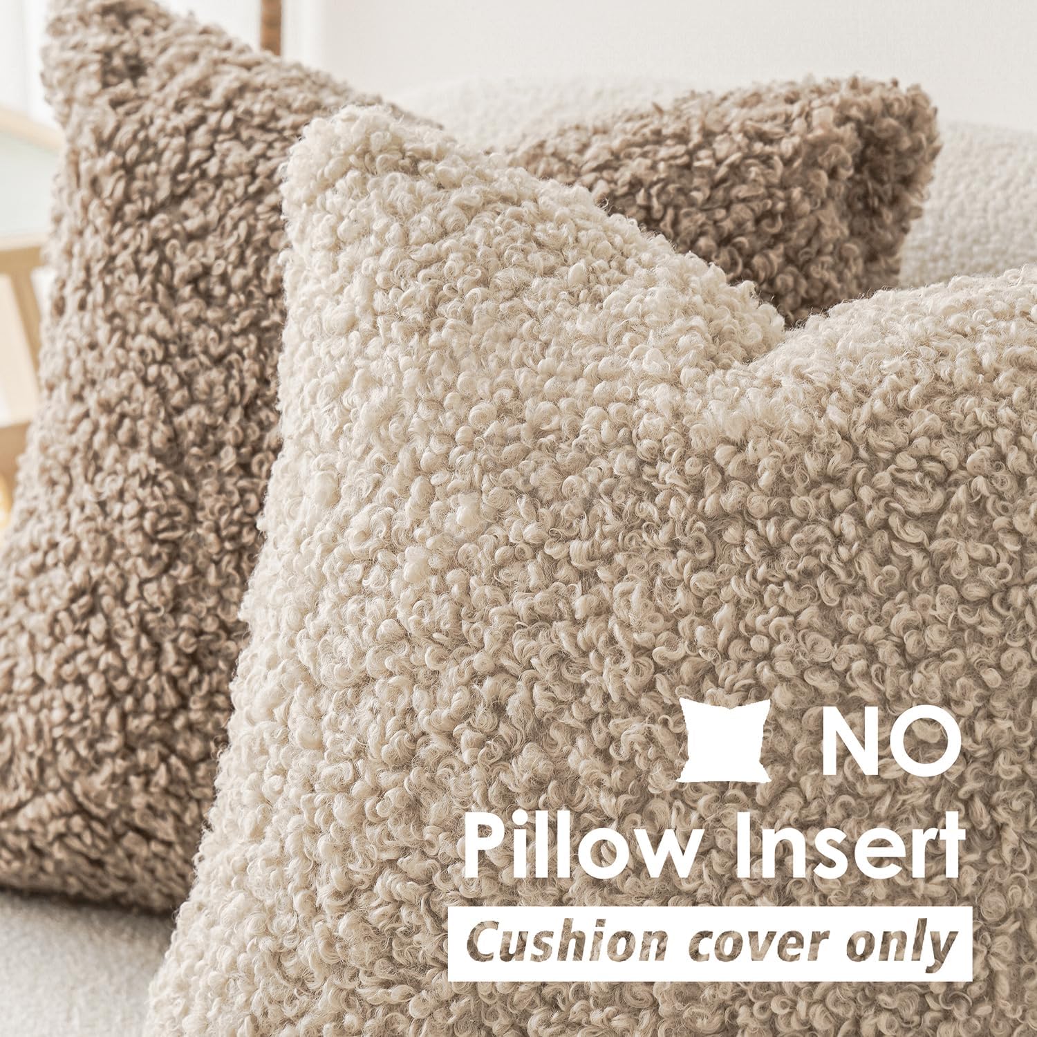 Foindtower 2 Pieces Faux Fur Throw Pillow Cover Decorative Sherpa Pillow Fuzzy Accent Pillowcases Soft Sheepskin Fleece Cushion Case for Bed Couch Living Room 18x18 Inch Oatmeal
