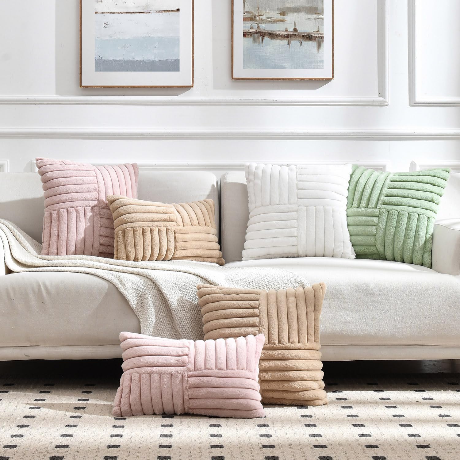 Foindtower Pack of 2, Faux Fur Plush Decorative Throw Pillow Covers Soft Fluffy Velvet Cushion Case Cozy Fuzzy Striped Pillowcase Home Decor for Sofa Couch Living Room Bedroom 18x18 Inch, Dusty Pink